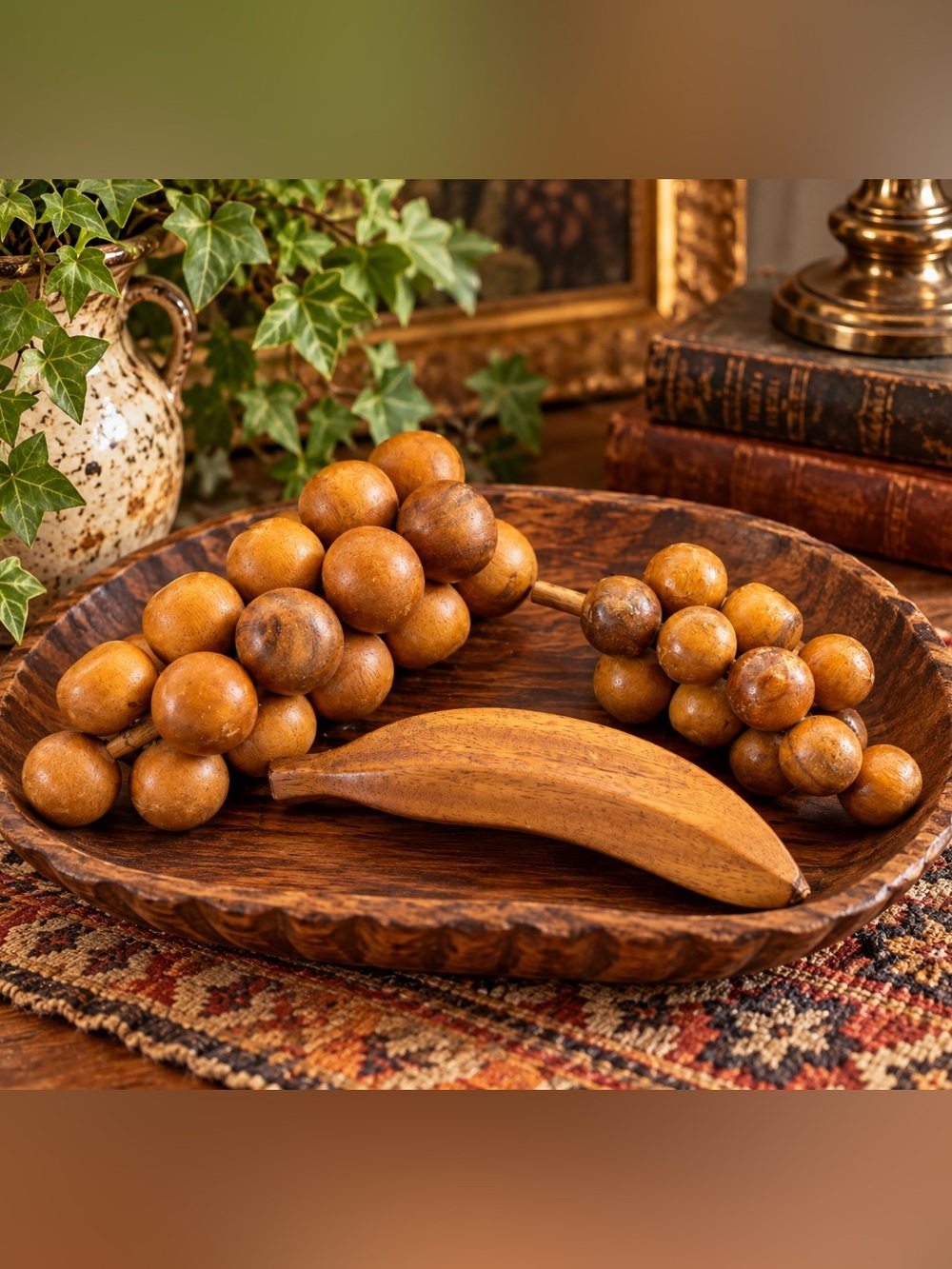 Mid-Century modern Wooden Fruit Decor – Grape Clusters & Banana